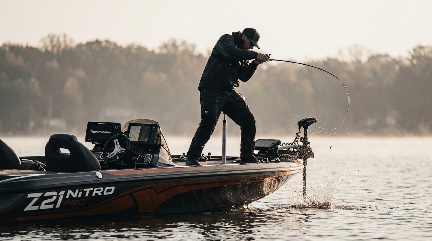 Bass boat at golden hour on a Michigan lake